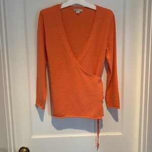 Garnet Hill 100% cashmere wrap sweater in pretty orange / coral color